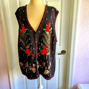Bobbie Brooks Black Embroidered Holiday Red Bird Sweater Vest Size 22w Plus Size